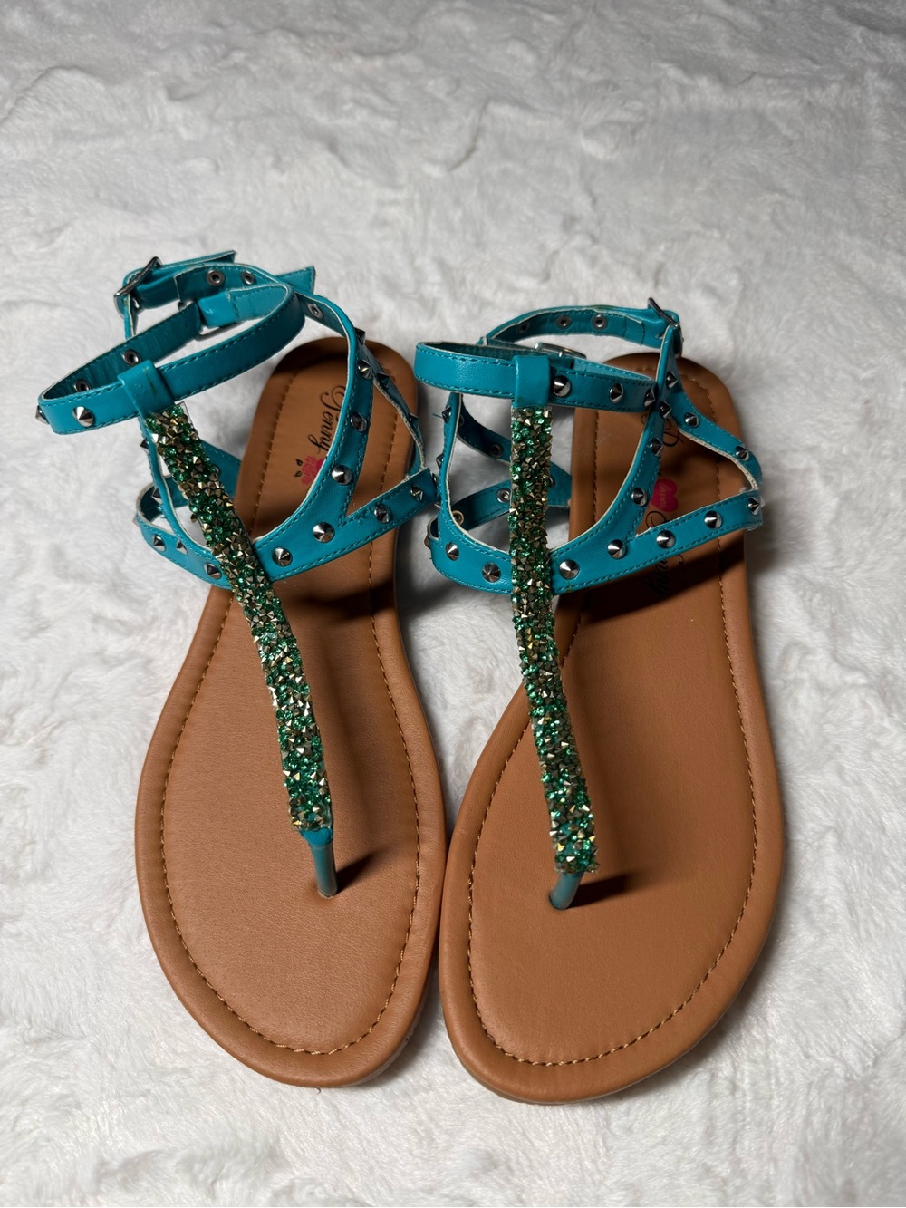 Penny Loves Kenny Teal T-Strap Sandals with Green Glitter